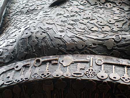 A closeup of some of the 1,000-plus keys cast into the surface of 'Keys To Community,' a bronze sculpture of Ben Franklin in downtown Philadelphia.