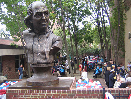 The ceremony was followed by  cheesesteaks in the pocket park behind 'Keys To Community,' a bronze sculpture of Ben Franklin in downtown Philadelphia.